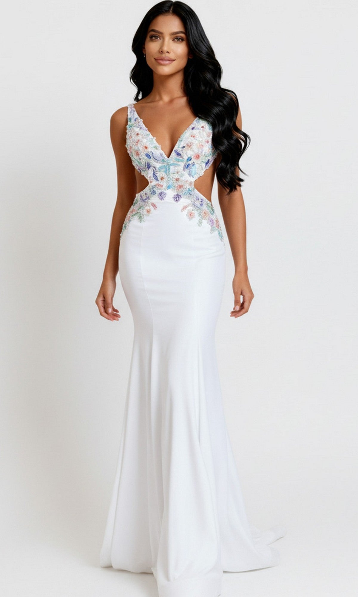 A woman in a floor-length white Long Prom Dress: Jovani 48176.